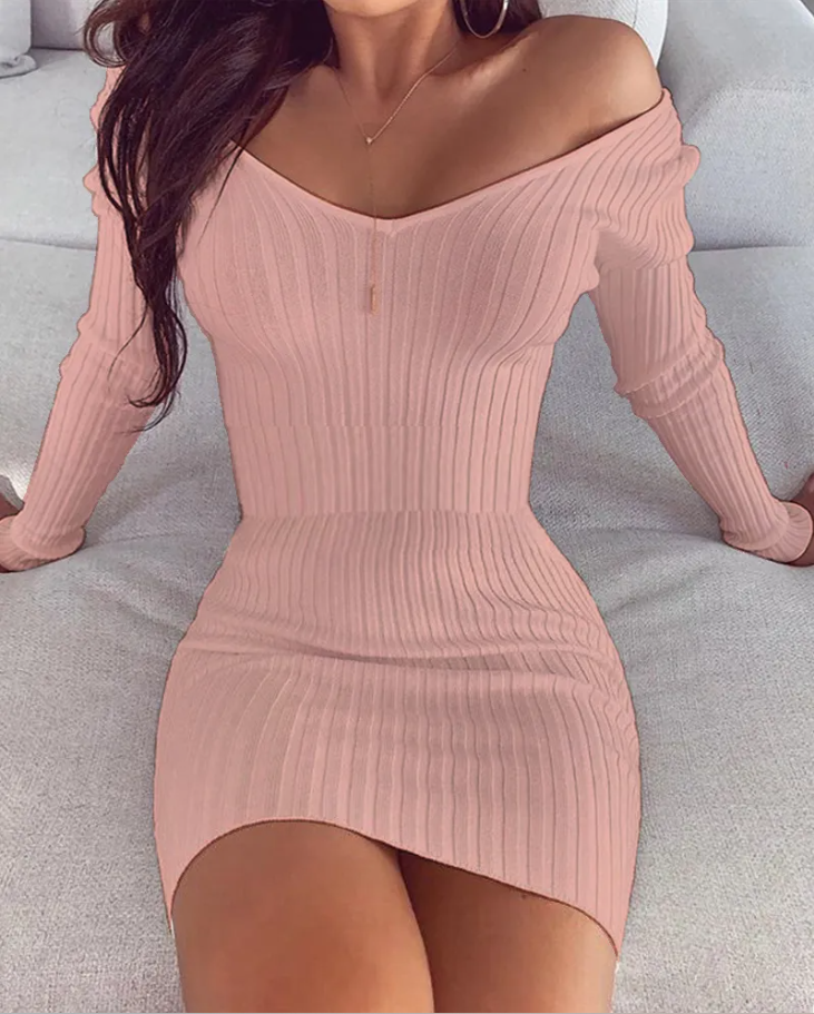 Elegant V-Neck Slim Fit Long-Sleeve Dress Elegance Lifestyle