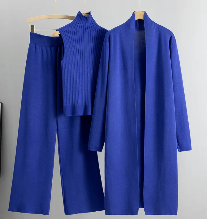 3pcs Suits Women Fashion Knitting Sleeveless Vest Sweater Long Cardigan And Wide-leg Pants Three-piece Set Elegance Lifestyle