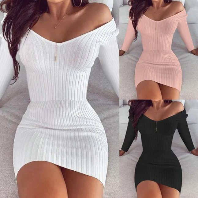 Elegant V-Neck Slim Fit Long-Sleeve Dress Elegance Lifestyle