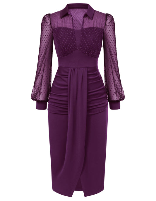 Belle Poque Mesh Long Sleeve Dress Ruched Midi Dress for Women Purpel L Elegance Lifestyle