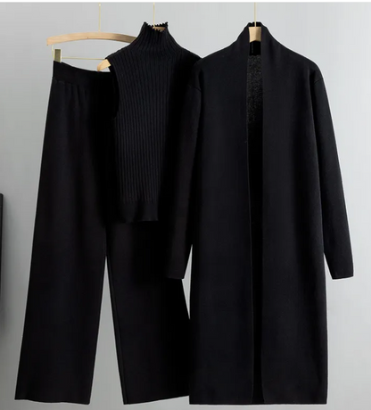 3pcs Suits Women Fashion Knitting Sleeveless Vest Sweater Long Cardigan And Wide-leg Pants Three-piece Set Elegance Lifestyle