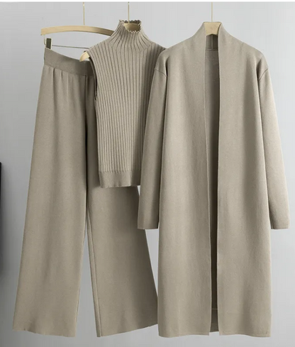 3pcs Suits Women Fashion Knitting Sleeveless Vest Sweater Long Cardigan And Wide-leg Pants Three-piece Set Elegance Lifestyle